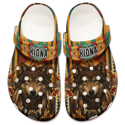 Custom Wolf Dreamcatcher Clogs - Boho Tribal Clogs for Animal Lovers