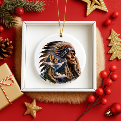 Native American Mountain Warrior Christmas Ornament – Indigenous Spirit Ceramic Holiday Hanging Decor