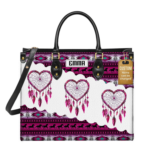 Personalized Leather Handbag for Women - Design Patterns Boho Pink & White Dreamcatcher