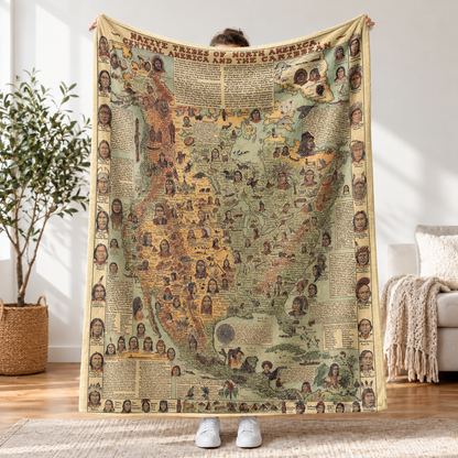 562 Native Tribes of North America Map Fleece Blanket, Native Design Camping Blanket Soft and Warm