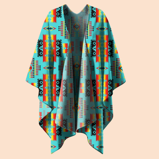 Cozy Tribal Poncho – Bold Geometric Blanket Design in Turquoise & Flame Hues