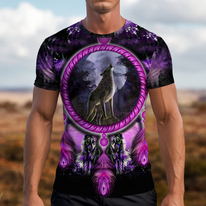 3D T-Shirt " Wolf Dreamcatcher – Purple Tribal Moon Howl Design"
