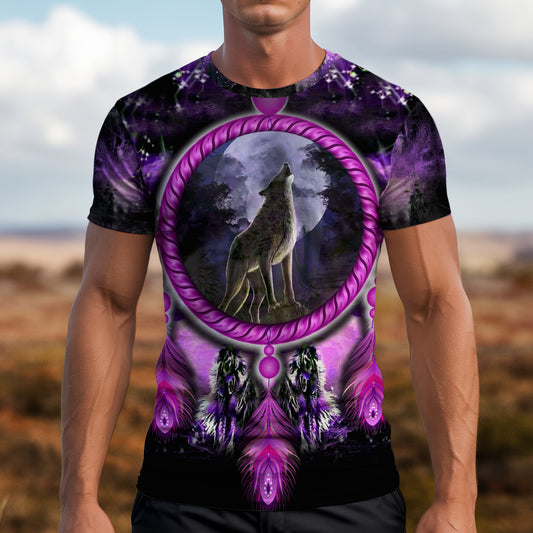 3D T-Shirt " Wolf Dreamcatcher – Purple Tribal Moon Howl Design"