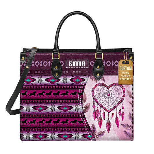Personalized Leather Handbag for Women - Design Patterns Boho Pink Dreamcatcher