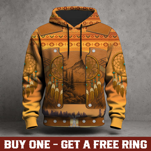 Tribal Dreamcatcher – Golden Horizon Hoodie with Sacred Mountain Motif