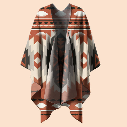 Boho Tribal Poncho with Geometric Native Pattern in Earth Tones