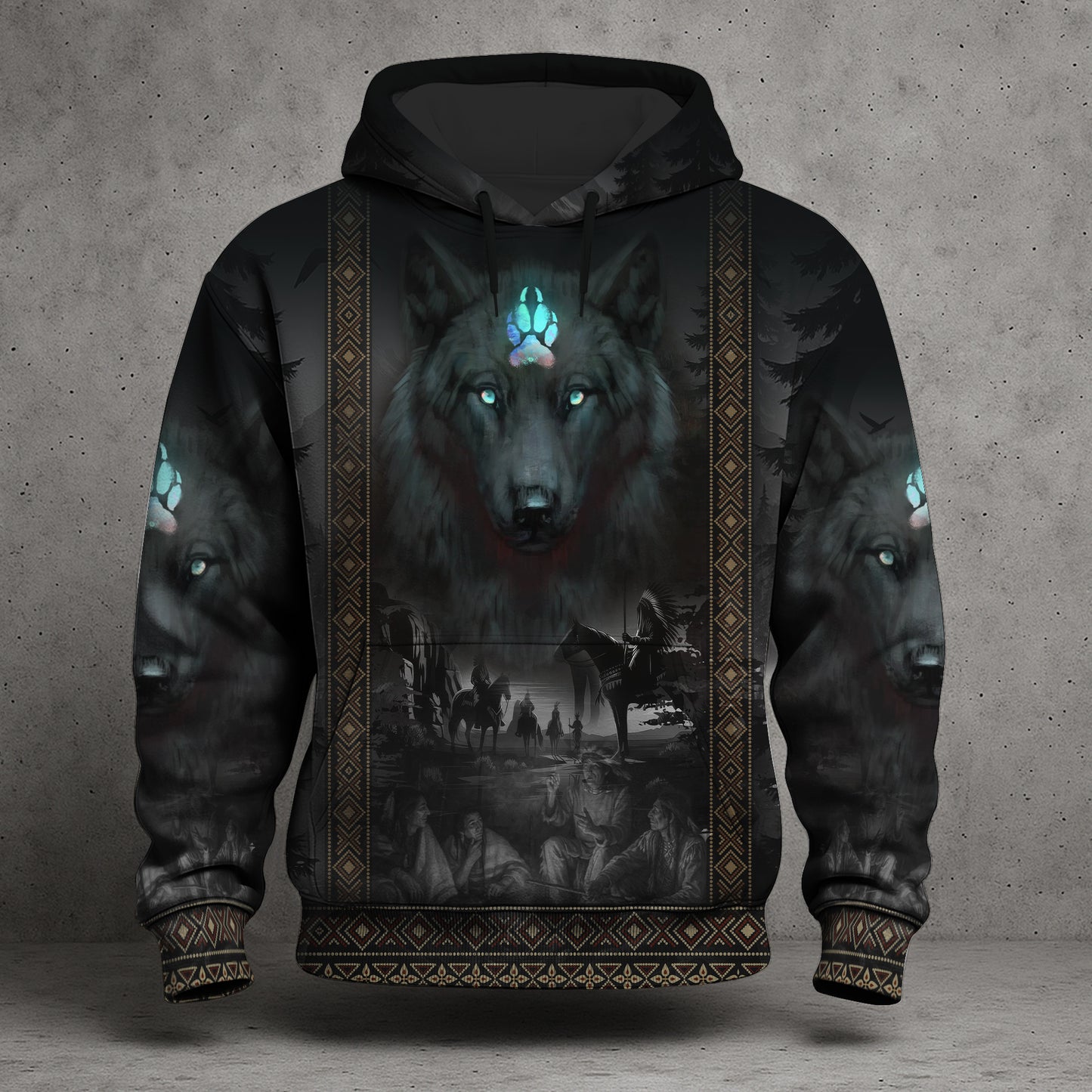 Tribal Wolf Guardian Hoodie – 3D Native Spirit Artwork, Blue Eyes Wolf Totem