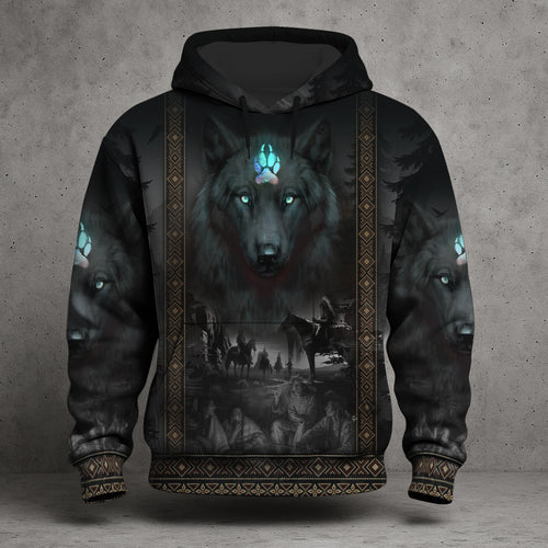 Tribal Wolf Guardian Hoodie – 3D Native Spirit Artwork, Blue Eyes Wolf Totem