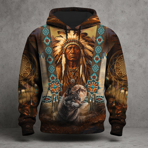 Native American Chief & Wolf Spirit Hoodie – Tribal Dreamcatcher Native Pride Pullover
