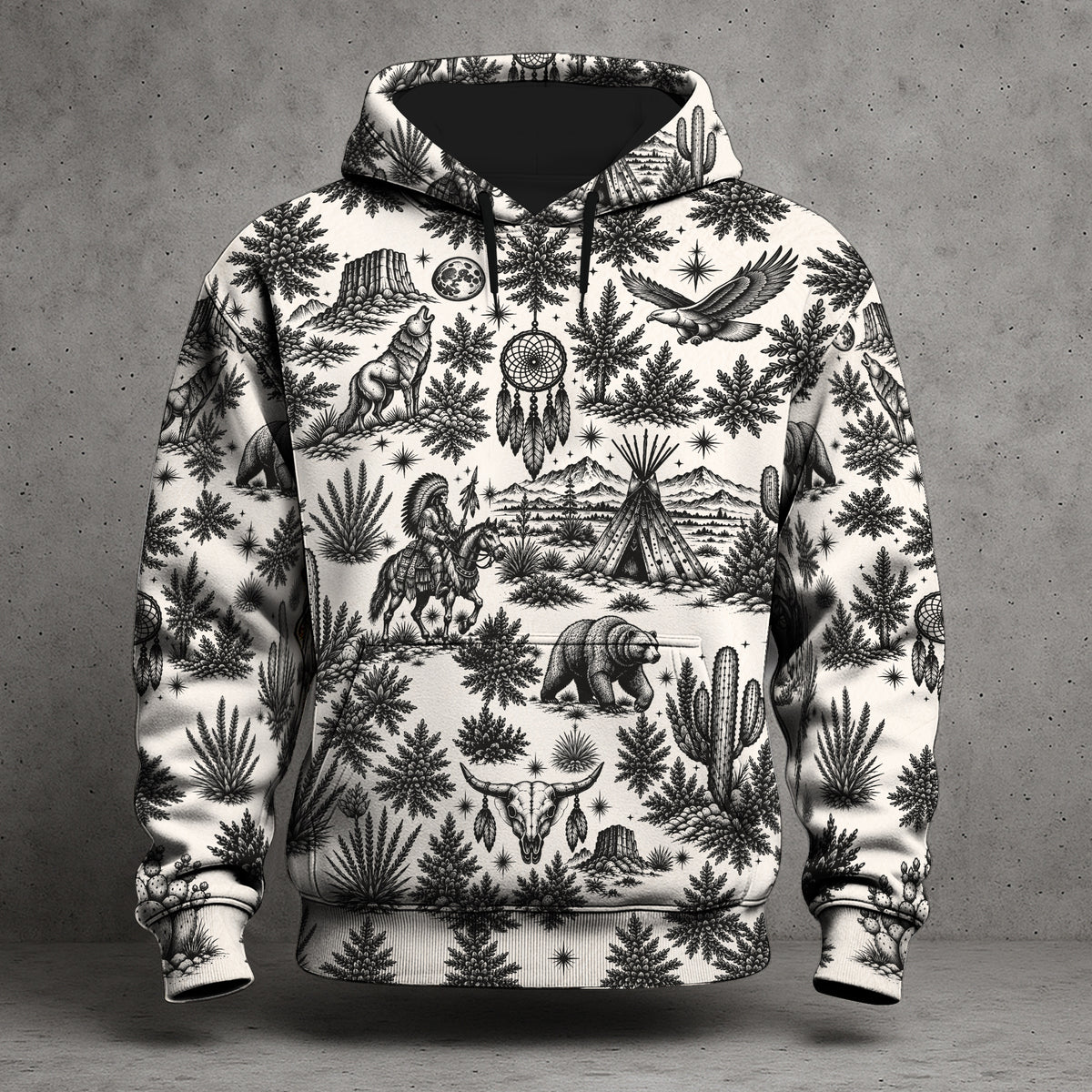 Native Wolf Desert Hoodie - Vintage Southwest Graphic Pullover Sweatshirt with Tribal Pattern