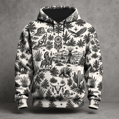 Native Wolf Desert Hoodie - Vintage Southwest Graphic Pullover Sweatshirt with Tribal Pattern