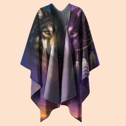 Dreamcatcher Wolf Poncho – Tribal Boho Cloak of Balance