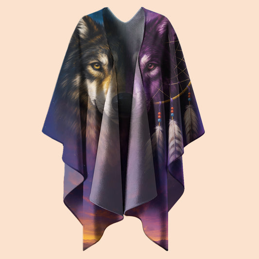 Dreamcatcher Wolf Poncho – Tribal Boho Cloak of Balance