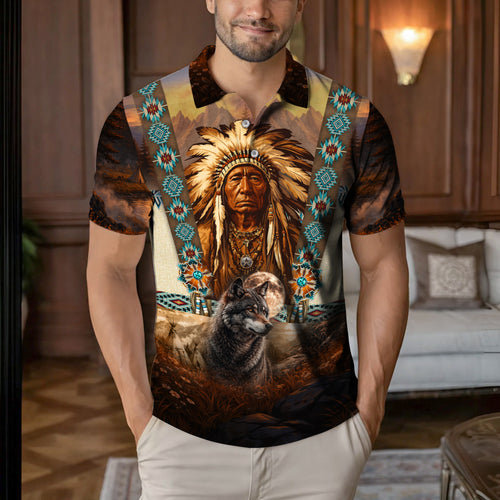 Native American  Polo Shirt - Native American Chief & Wolf Spirit – Tribal Dreamcatcher Native Pride Pullover