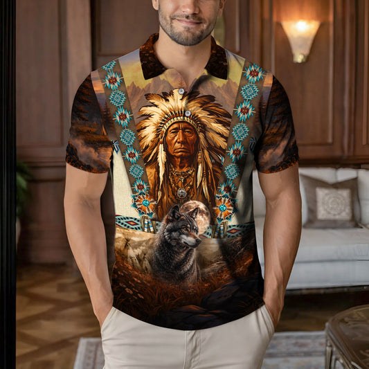 Native American  Polo Shirt - Native American Chief & Wolf Spirit – Tribal Dreamcatcher Native Pride Pullover