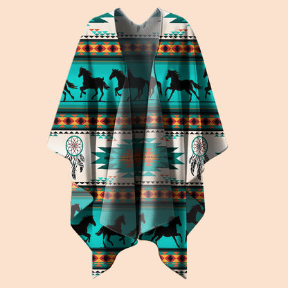 Boho Poncho with Wild Horse Pattern and Native Dreamcatchers