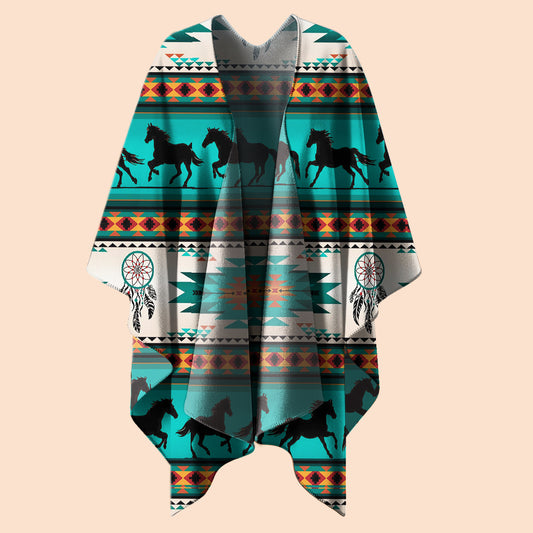 Boho Poncho with Wild Horse Pattern and Native Dreamcatchers