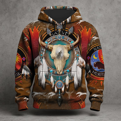 Native American Bison Skull 3D Hoodie – Tribal Spirit & Heritage Design