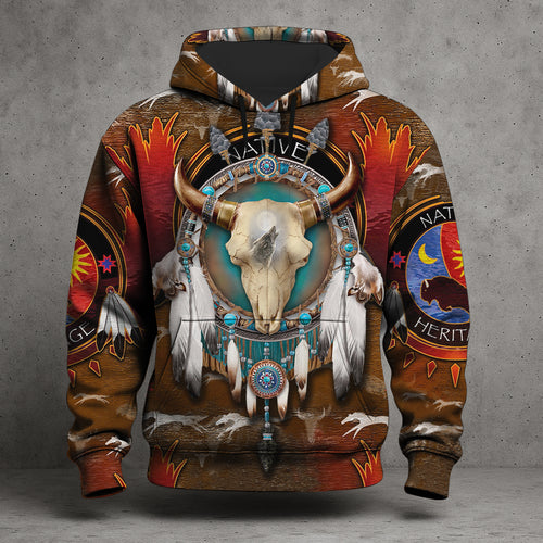 Native American Bison Skull 3D Hoodie – Tribal Spirit & Heritage Design