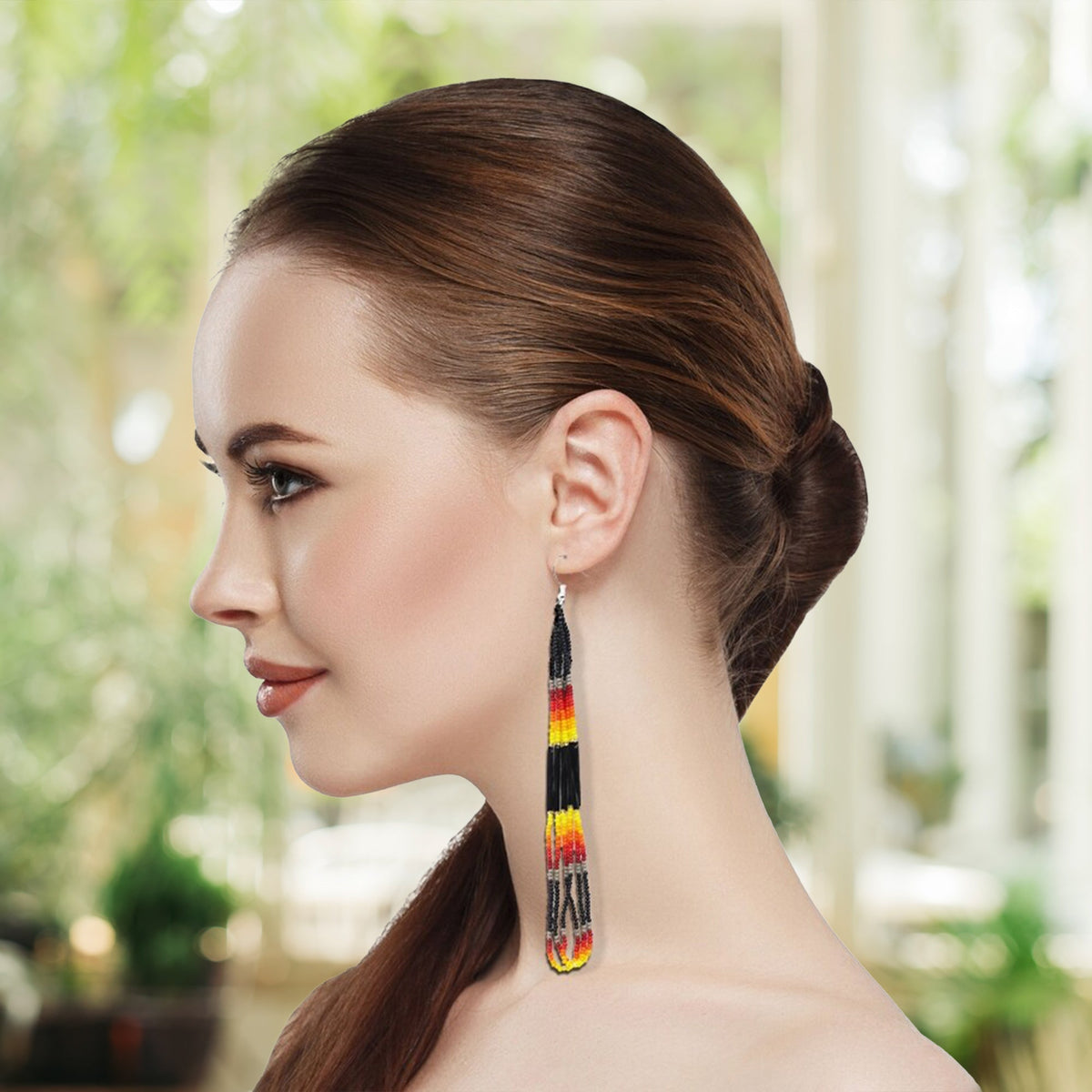 Black Fire Color Long Pattern Beaded Handmade Earrings For Women