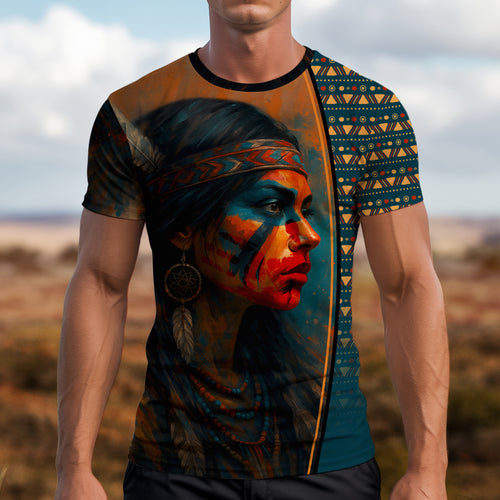 3D T-Shirt " Tribal Feather – Bold Red & Geometric Patterns & MMIW"