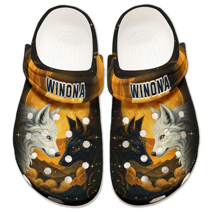 Custom Name Wolf Spirit Clogs – Fire & Ice Duality | Meaningful Gift for Family