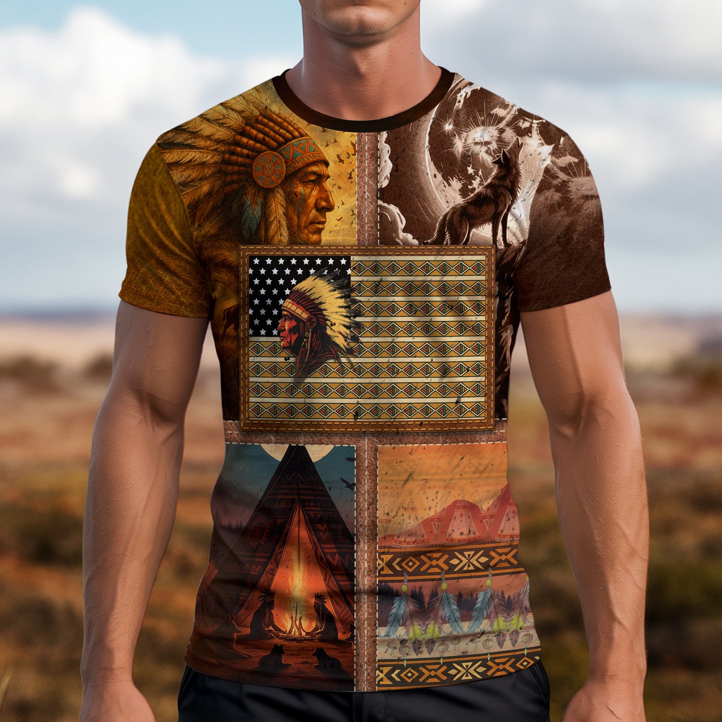 3D T-Shirt " Native Heritage – The Chief Spirit  in Red & Blue, Symbol of Freedom and Pride