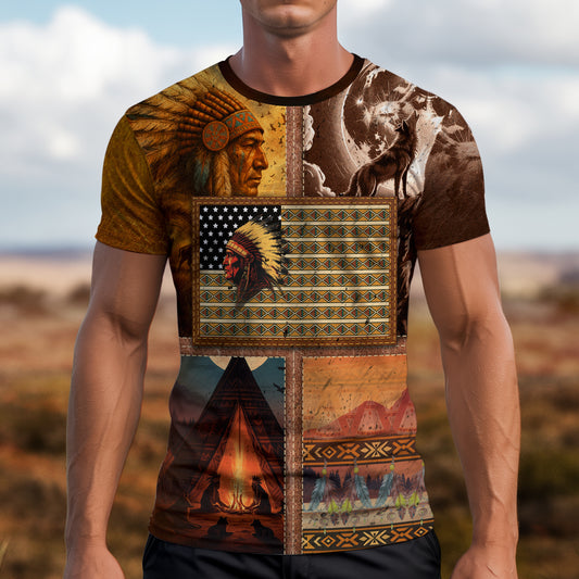 3D T-Shirt " Native Heritage – The Chief Spirit  in Red & Blue, Symbol of Freedom and Pride
