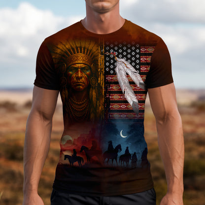 3D T-Shirt  "Native Heritage – The Chief Spirit in Red & Blue, Symbol of Freedom and Pride"