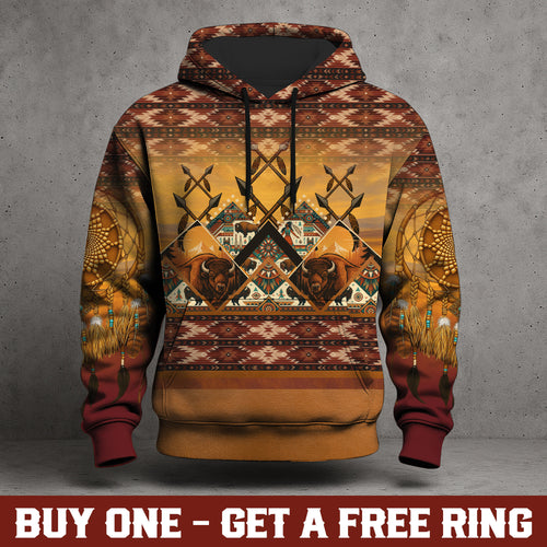Buffalo Strength – Native Pattern Hoodie with Dreamcatcher & Warrior Symbols”