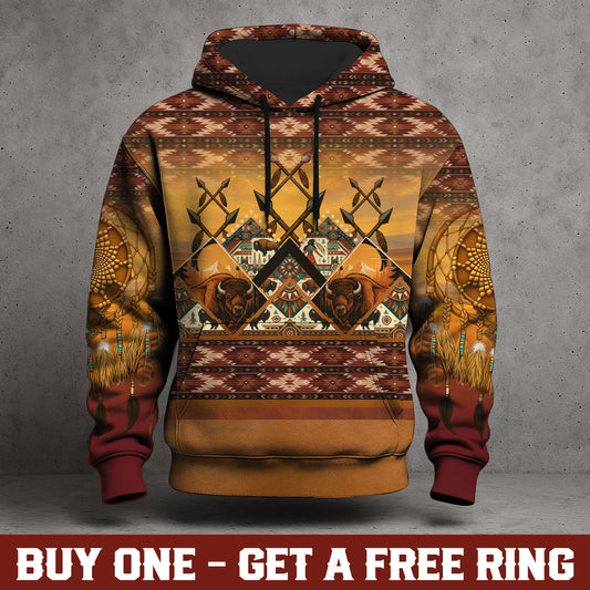 Buffalo Strength – Native Pattern Hoodie with Dreamcatcher & Warrior Symbols”