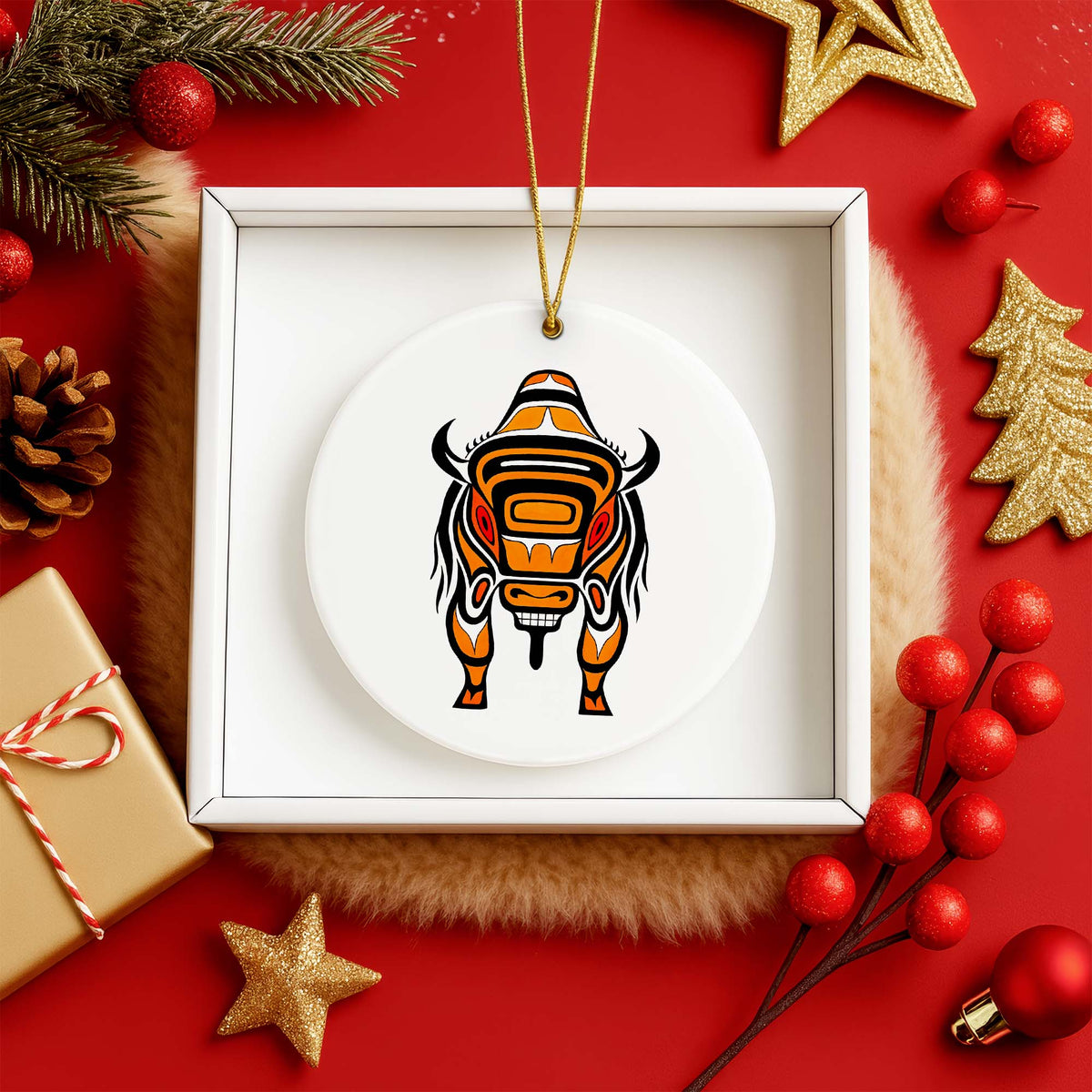 Native Bison Spirit Ceramic Ornament - Indigenous Tribal Art for Holiday Decor