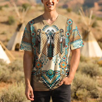 3D T-Shirt " Tribal Beaded Headdress – Turquoise & Feather Pattern"