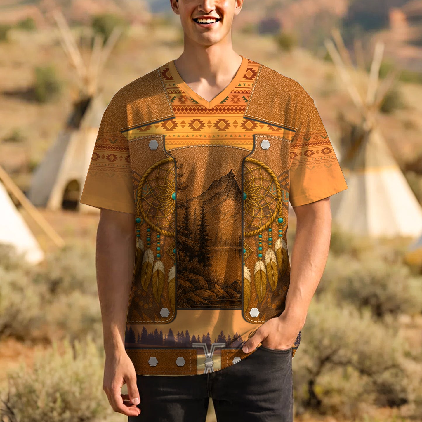 3D T-Shirt " Tribal Dreamcatcher – Golden Horizon with Sacred Mountain Motif"