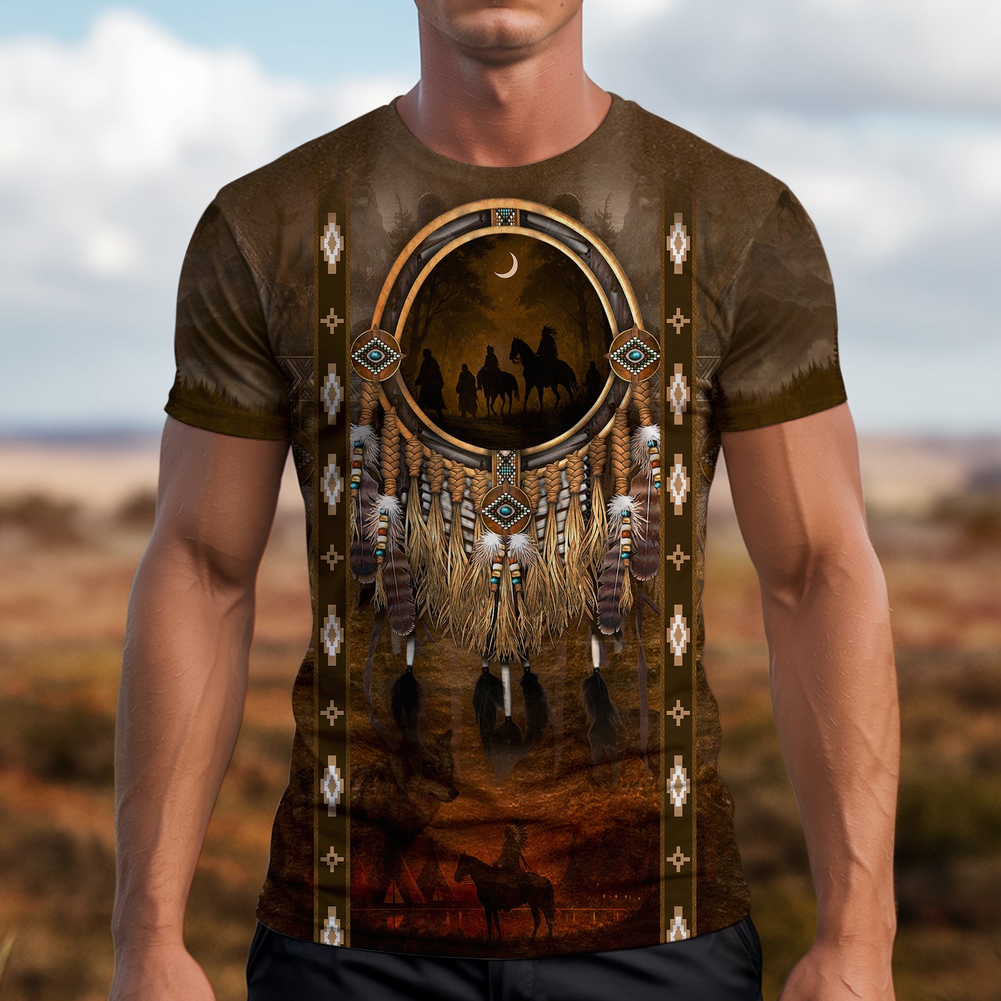 3D T-Shirt " Native Pattern 3D TribaL – Feather & Beaded Design with Moonlit Horse"