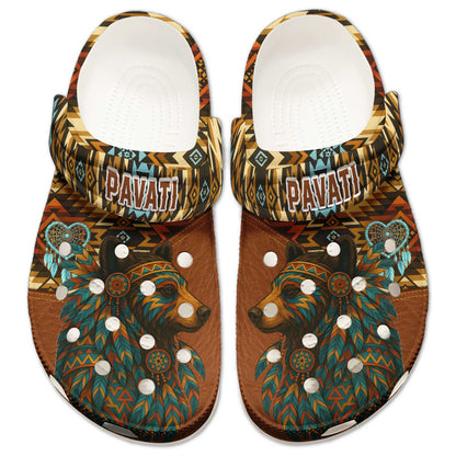Custom Name Native American Bear Clogs – Tribal Style Clog Shoes for Nature Lovers