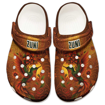 Custom Name Clogs – Vibrant Bird, Sunflower Bloom & Autumn Swirl Details in Warm Tones