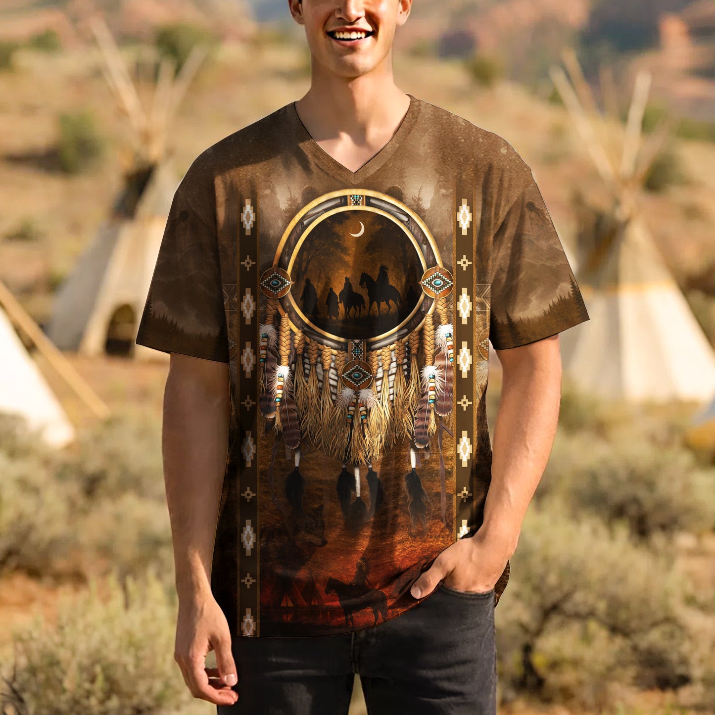 3D T-Shirt " Native Pattern 3D TribaL – Feather & Beaded Design with Moonlit Horse"