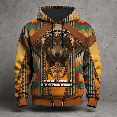 Spirit of the Wolf – Tribal Totem Hoodie in Desert Gold and Turquoise Patterns