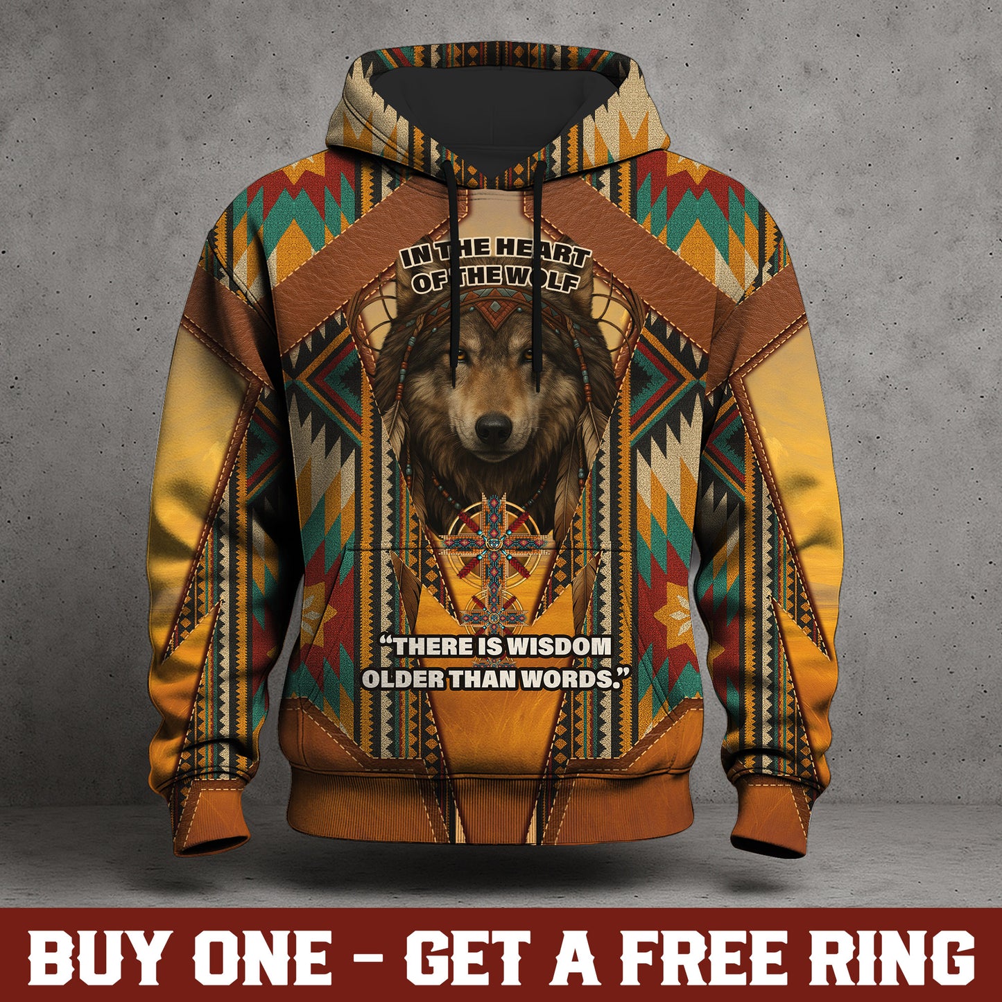 Spirit of the Wolf – Tribal Totem Hoodie in Desert Gold and Turquoise Patterns