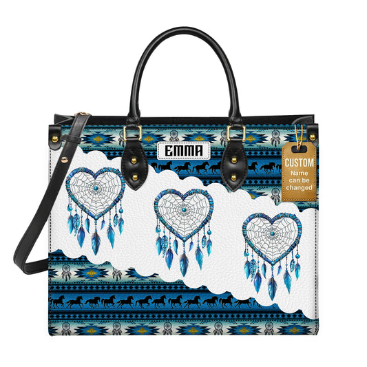 Personalized Leather Handbag for Women - Design Patterns Boho Blue & White Dreamcatcher