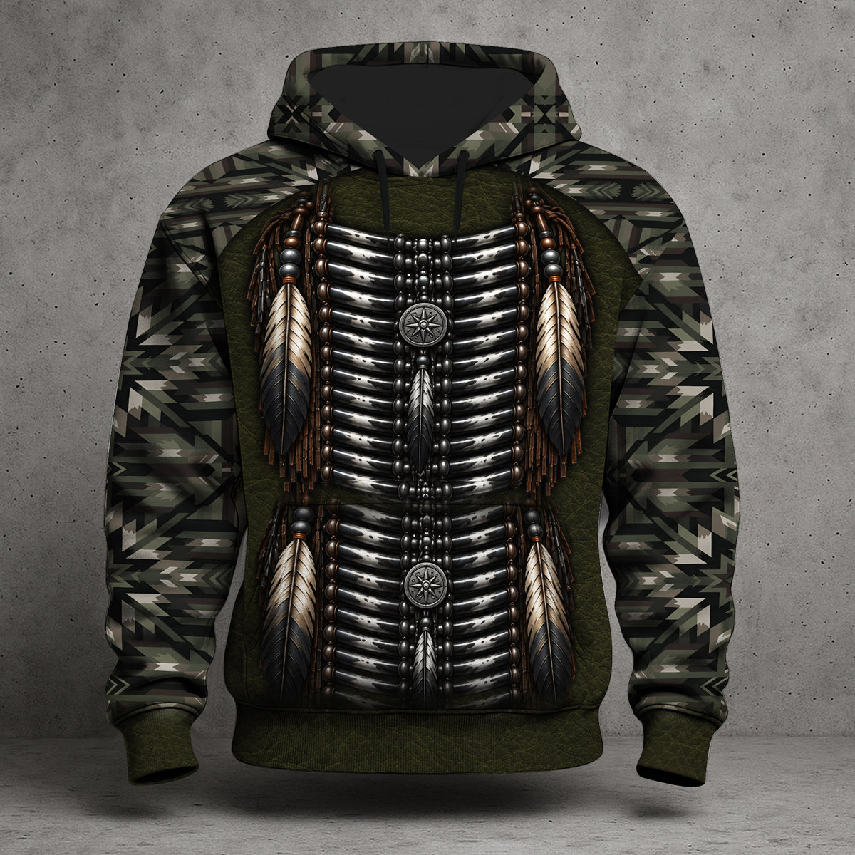 Custom Native American Bear Paw Hoodie Stealth Breastplate & Aztec Camo Pullover Outdoor Hunting Heritage
