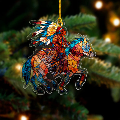 Native American Horse Rider Indigenous Warrior Christmas Tree Decor Flat Acrylic