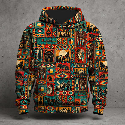 3D Hoodie Native American Inspired Wolf Hoodie Southwestern Heritage Patchwork Pullover Hoodie