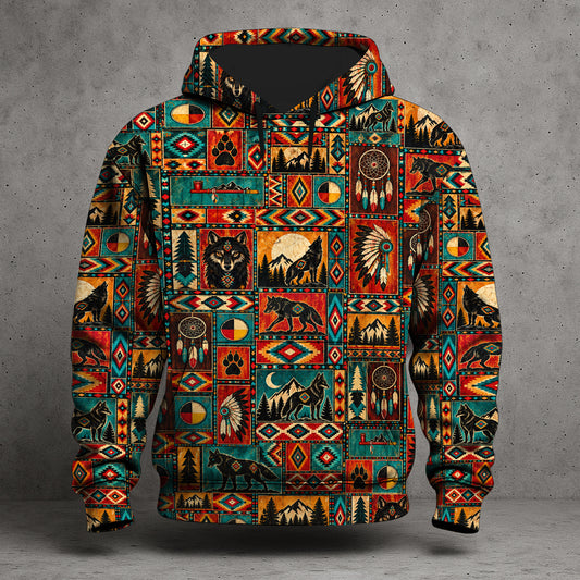 Native American Inspired Wolf Hoodie Southwestern Heritage Patchwork Pullover Hoodie