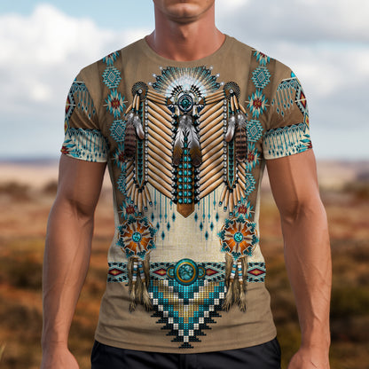 3D T-Shirt " Tribal Beaded Headdress – Turquoise & Feather Pattern"