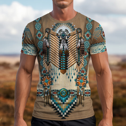 3D T-Shirt " Tribal Beaded Headdress – Turquoise & Feather Pattern"