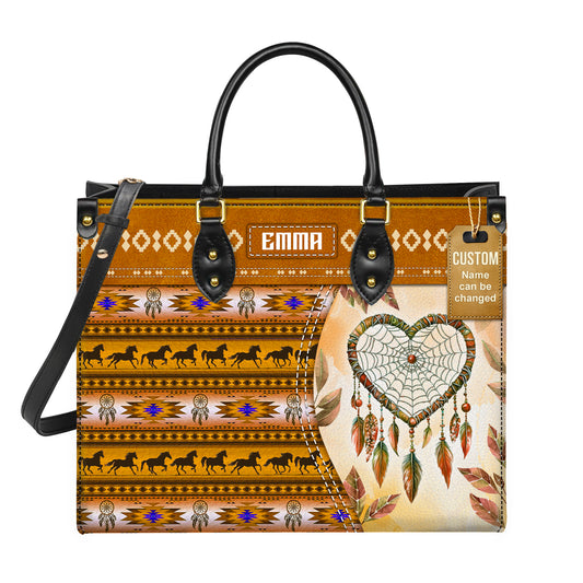 Personalized Leather Handbag for Women - Design Patterns Boho Yellow Dreamcatcher