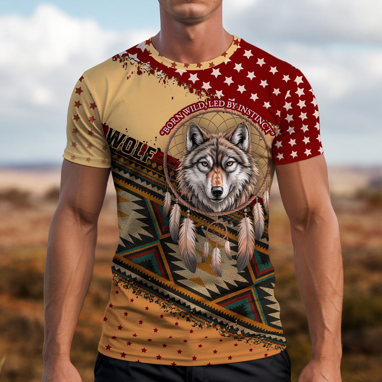 3D T-Shirt " Wild Spirit – Wolf and Dreamcatcher Design in Beige and Deep Red Tribal Pattern"