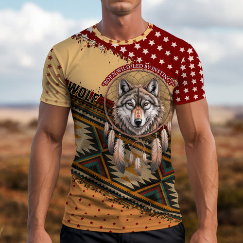 3D T-Shirt " Wild Spirit – Wolf and Dreamcatcher Design in Beige and Deep Red Tribal Pattern"
